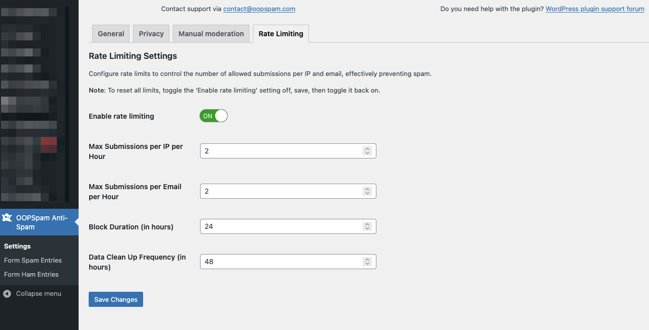 Rate Limiting settings