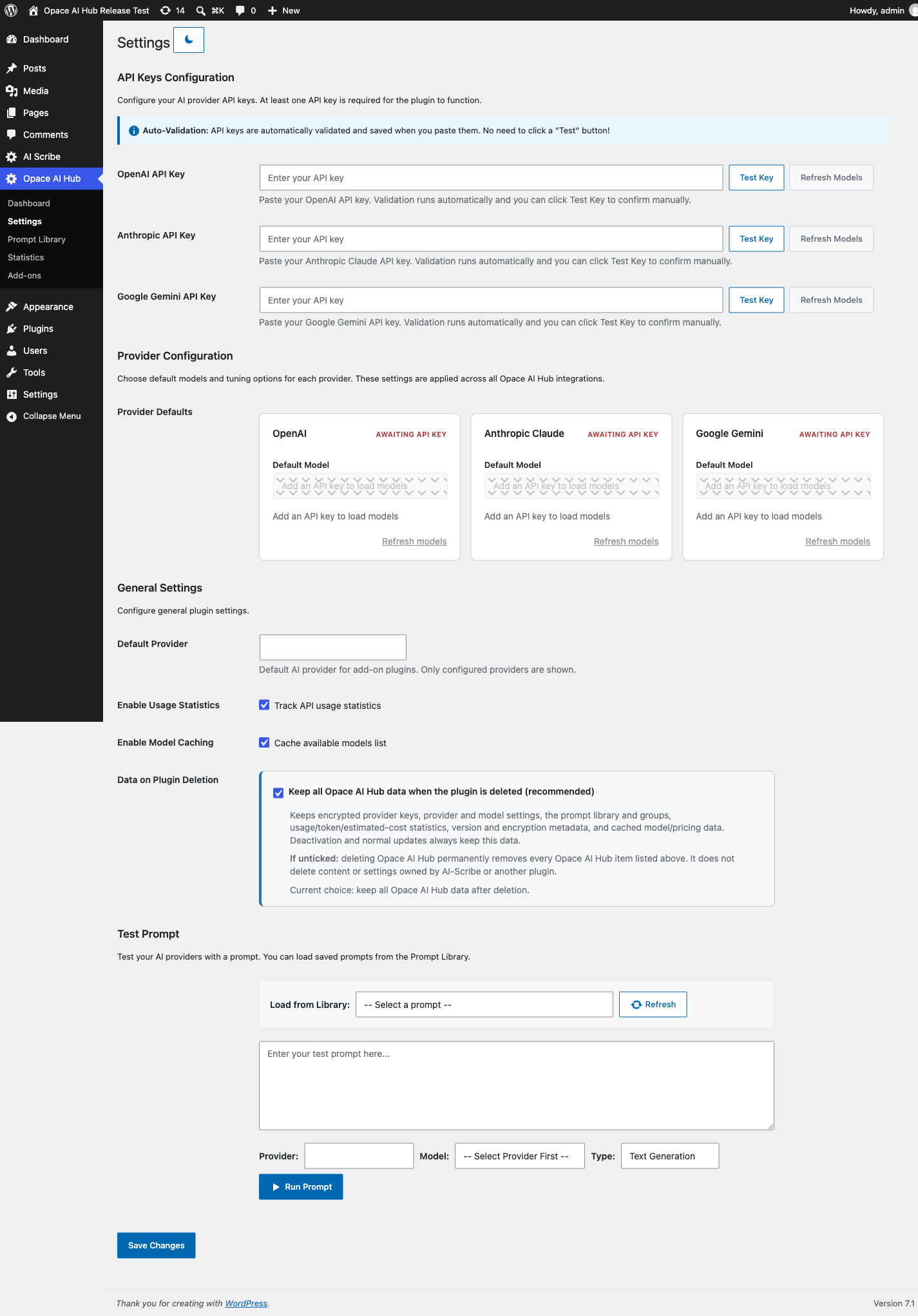 Settings - test provider credentials, refresh models, choose defaults and control retained data.