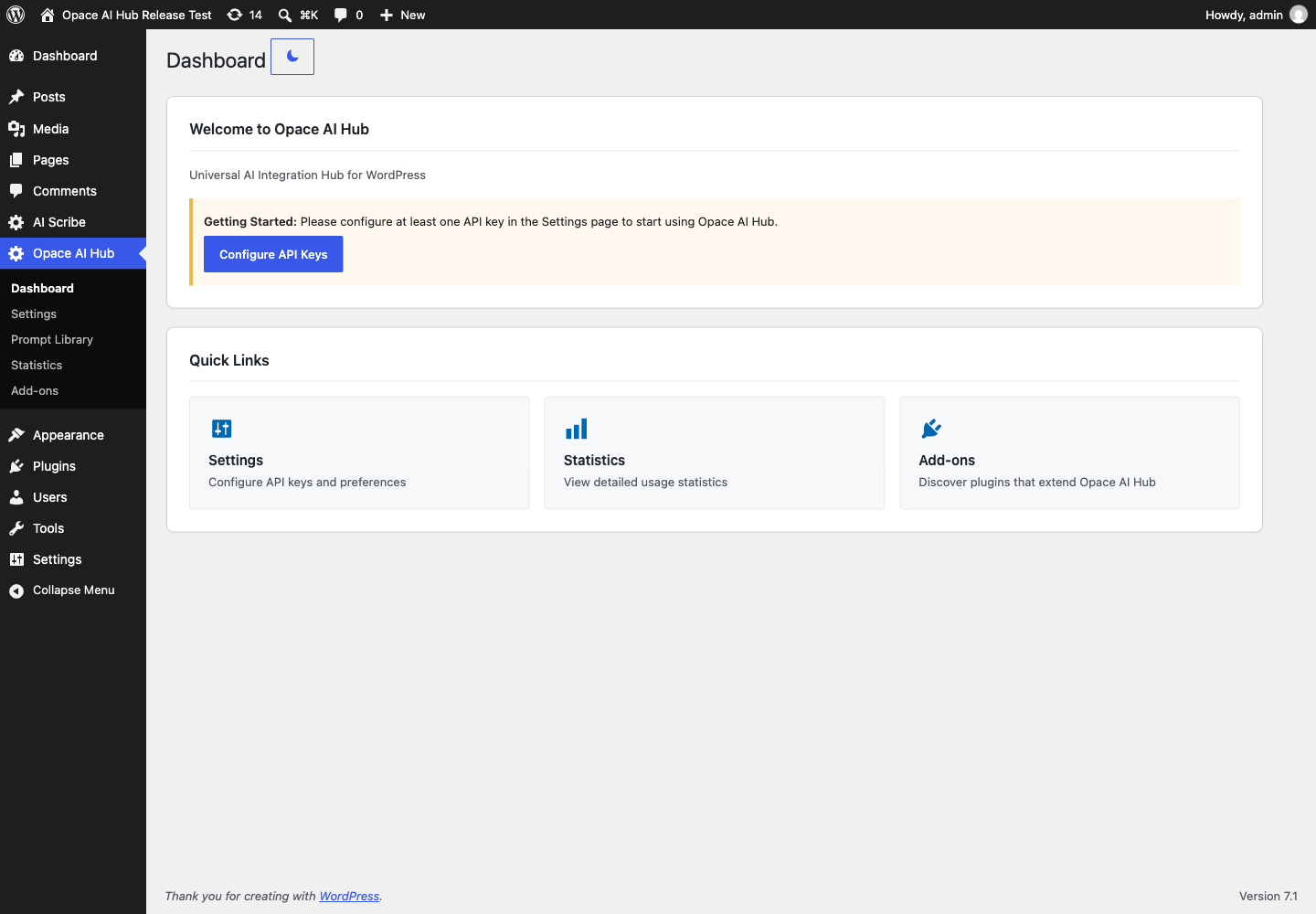 Dashboard - review provider status, usage totals and the main Opace AI Hub tools.