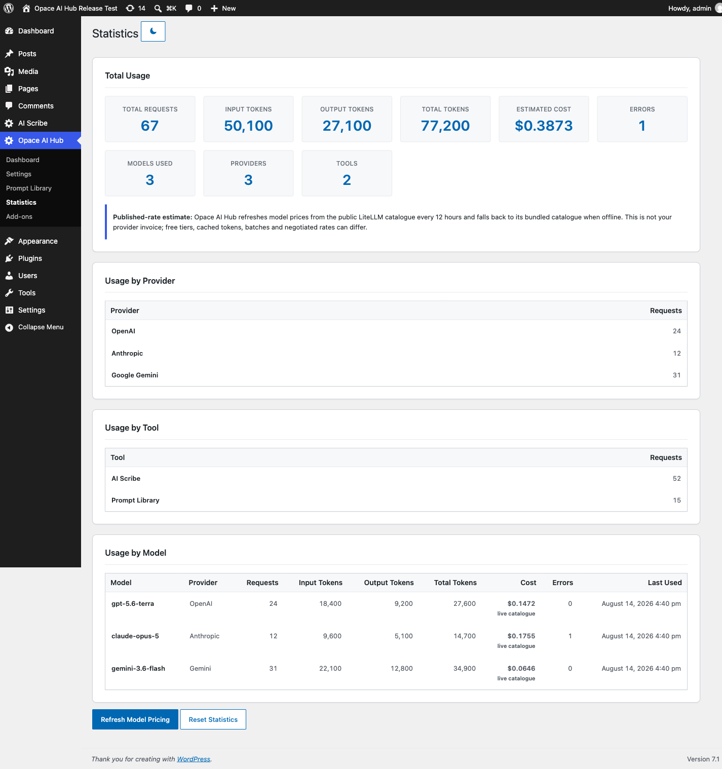 Statistics - inspect requests, tokens, errors and estimated costs by provider, tool and model.