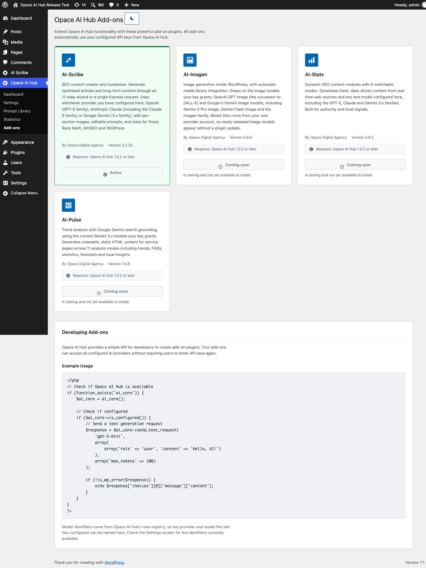 Add-ons - see AI-Scribe status and the labelled roadmap for AI-Imagen, AI-Stats and AI-Pulse.