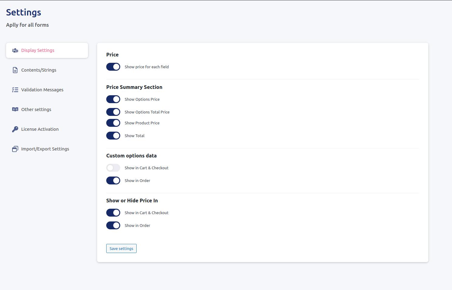 Admin: Global settings page