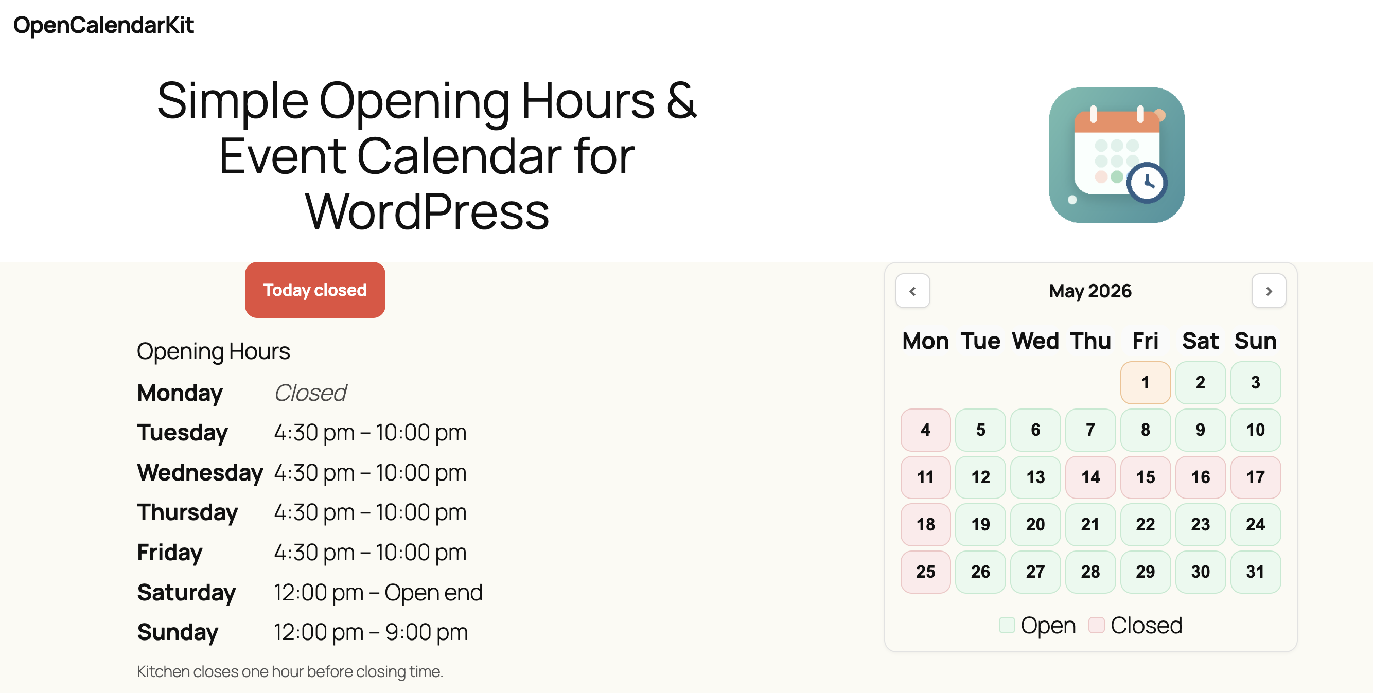 Frontend view with opening hours, current status, calendar, and day message.