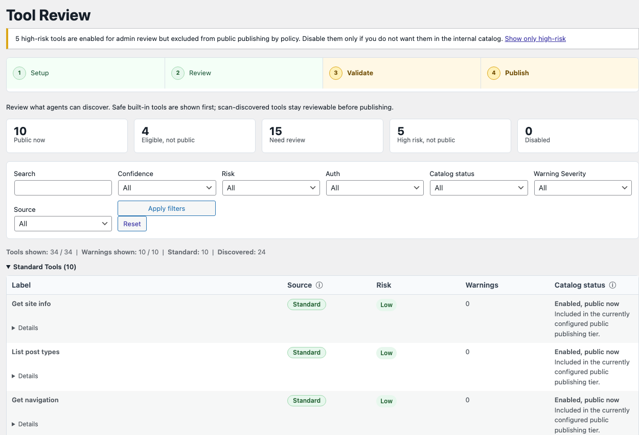 Review screen for approving tool visibility, risk, and execution policy before publication.