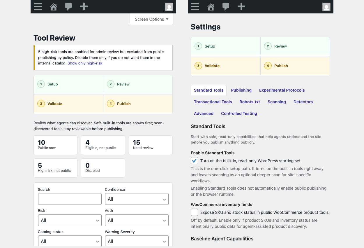 Responsive review and settings workflows for governing public tools from smaller screens.