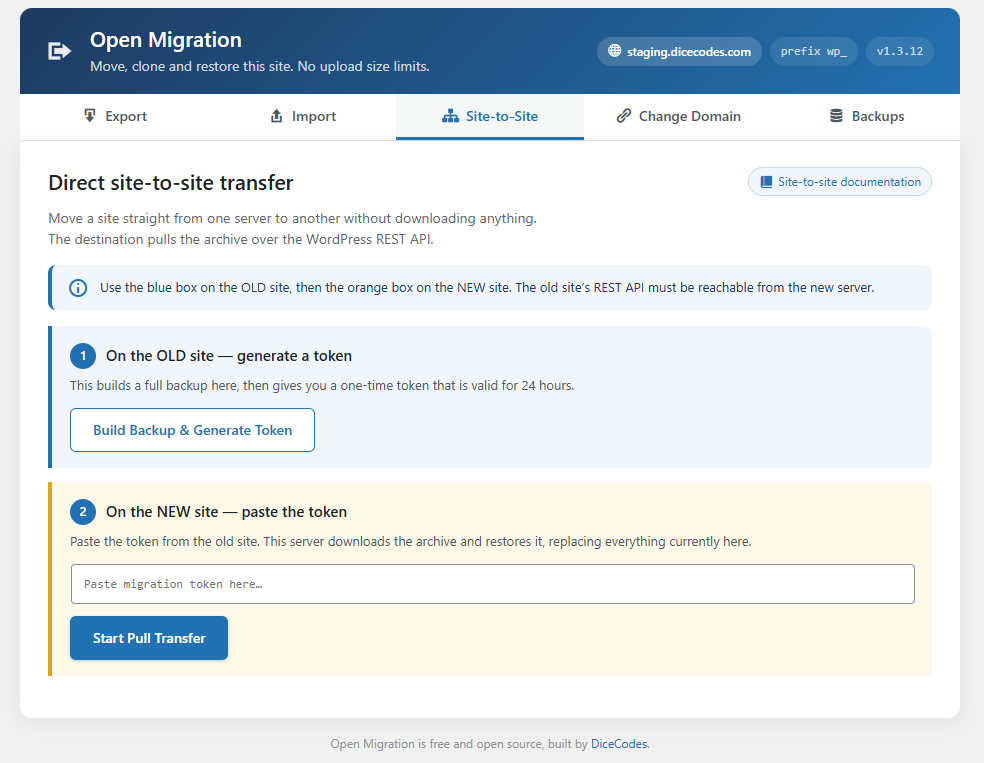 Direct site-to-site transfer using a one-time token