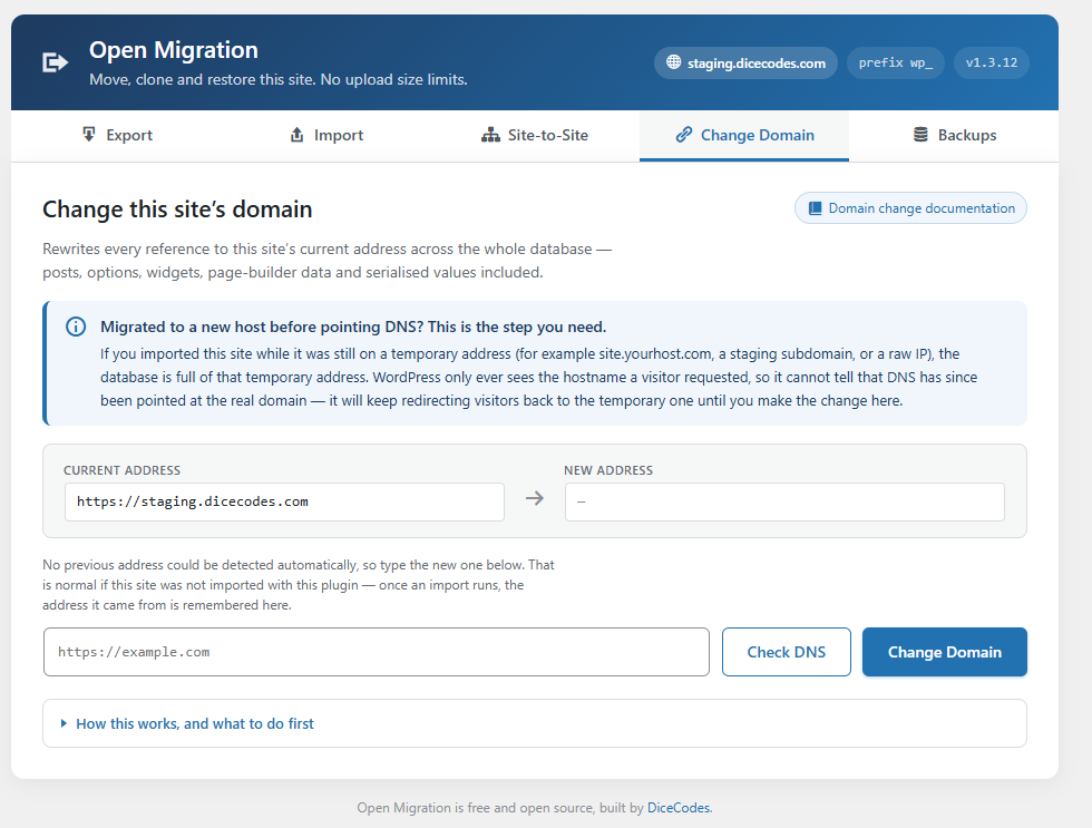 Changing the site domain after DNS points at the new server