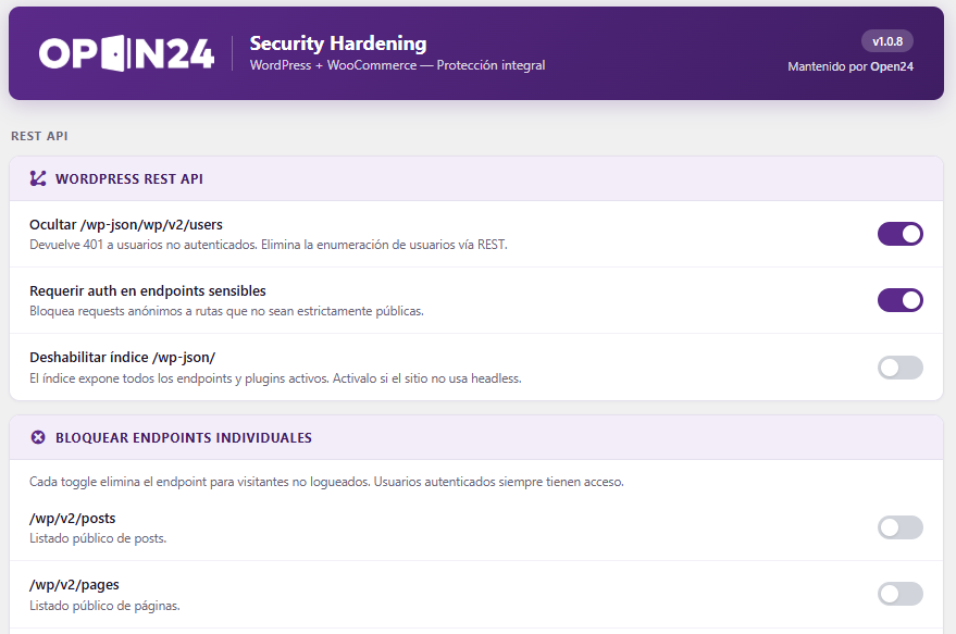 The settings screen. Every option is off by default and can be enabled individually, grouped by area: REST API, login, protocols, information disclosure, HTTP headers and WooCommerce.