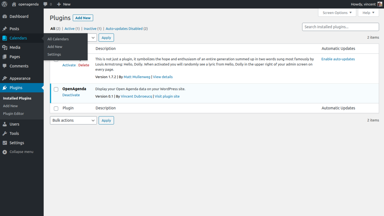 A new <em>Calendars</em> menu entry is created, allowing you to manage your calendars and settings.
