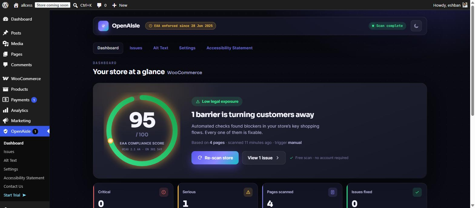 Dashboard — your EAA compliance score, WooCommerce flow breakdown, and trend at a glance.