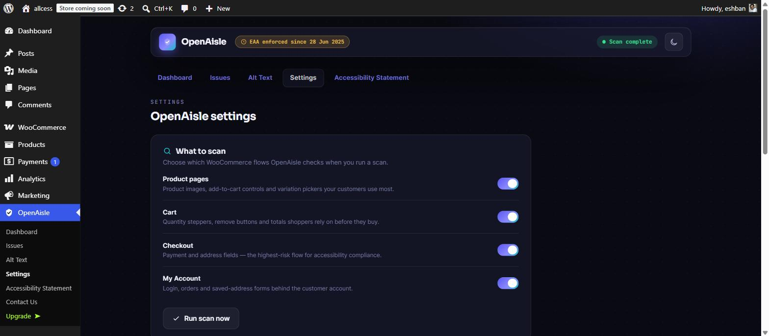 Settings — choose which WooCommerce flows to scan, theme, and data-retention options.