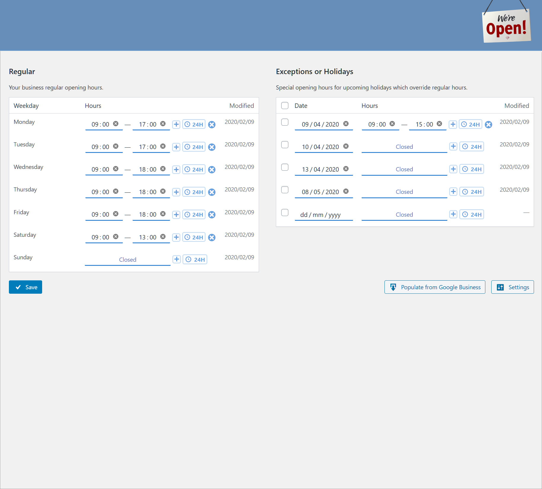 Easy and fast editing of both regular and special opening hours all in one place