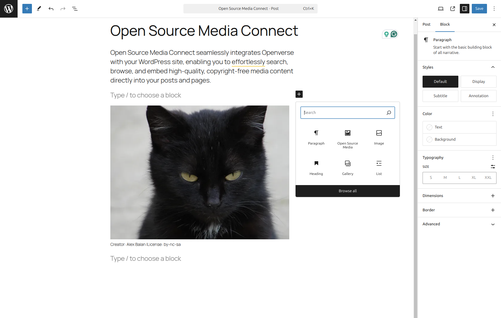 Open Source Media block in the editor