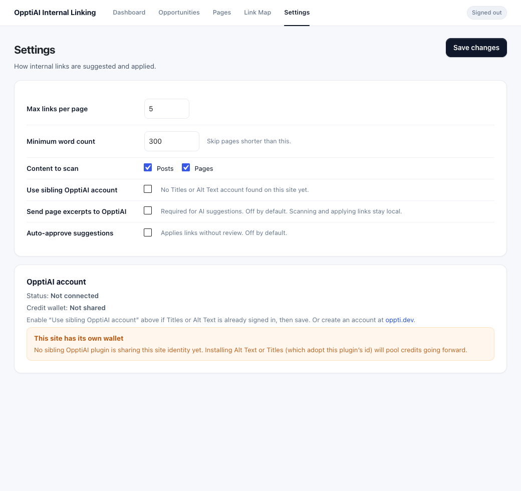 Settings: link caps, what to scan, and the OpptiAI opt-in.