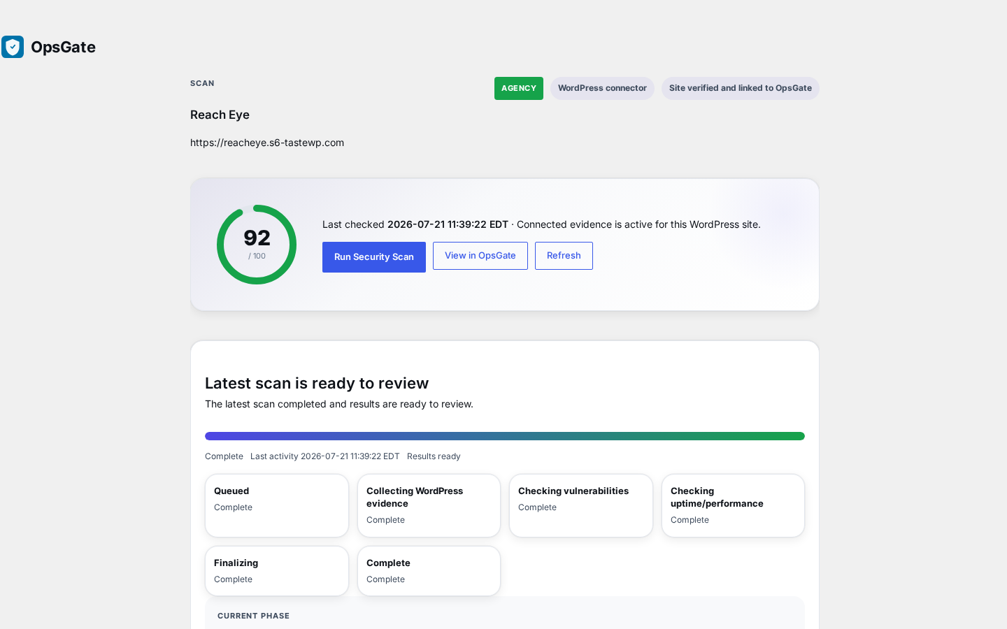 WordPress site intelligence - Current condition, site context, connection status, and immediate operational priorities.