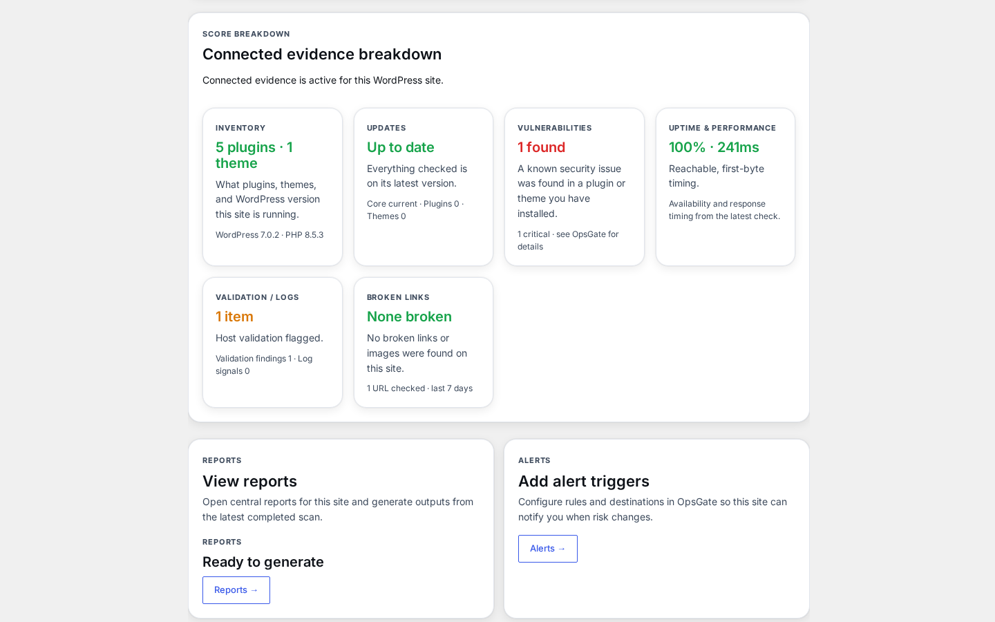 Site Scan - Detailed assessment across WordPress inventory, operational checks, findings, ownership, and verification.