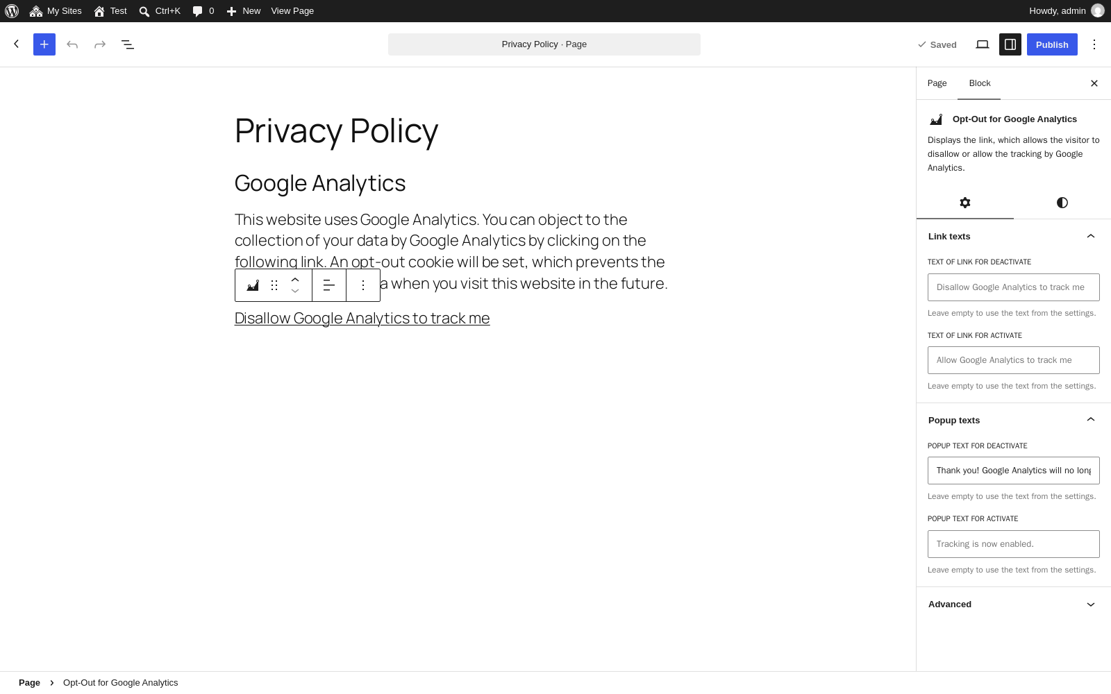 Block in the block editor, with individual link and popup texts