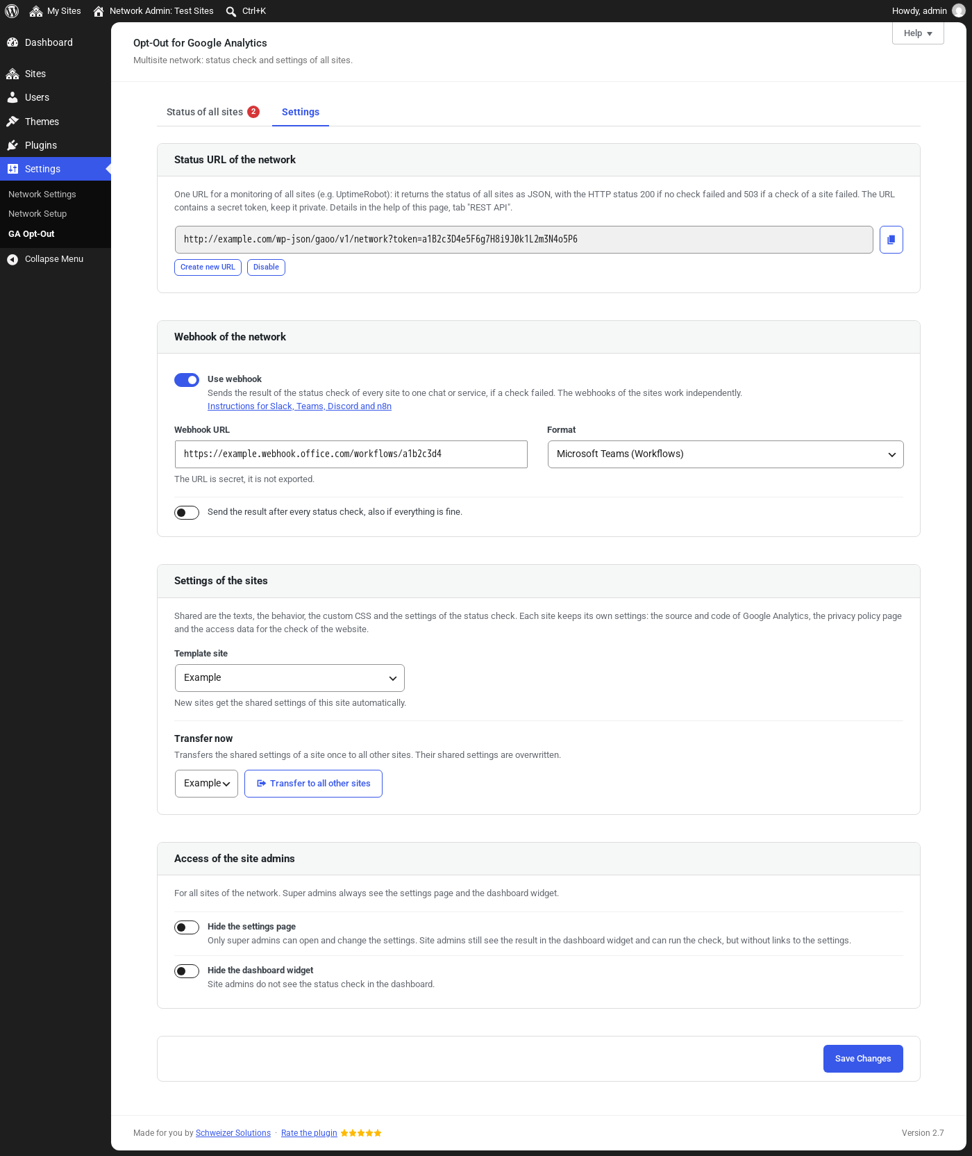Multisite: settings of the network, with the status URL and the webhook for all sites, the template site, the transfer of the settings and the access of the site admins