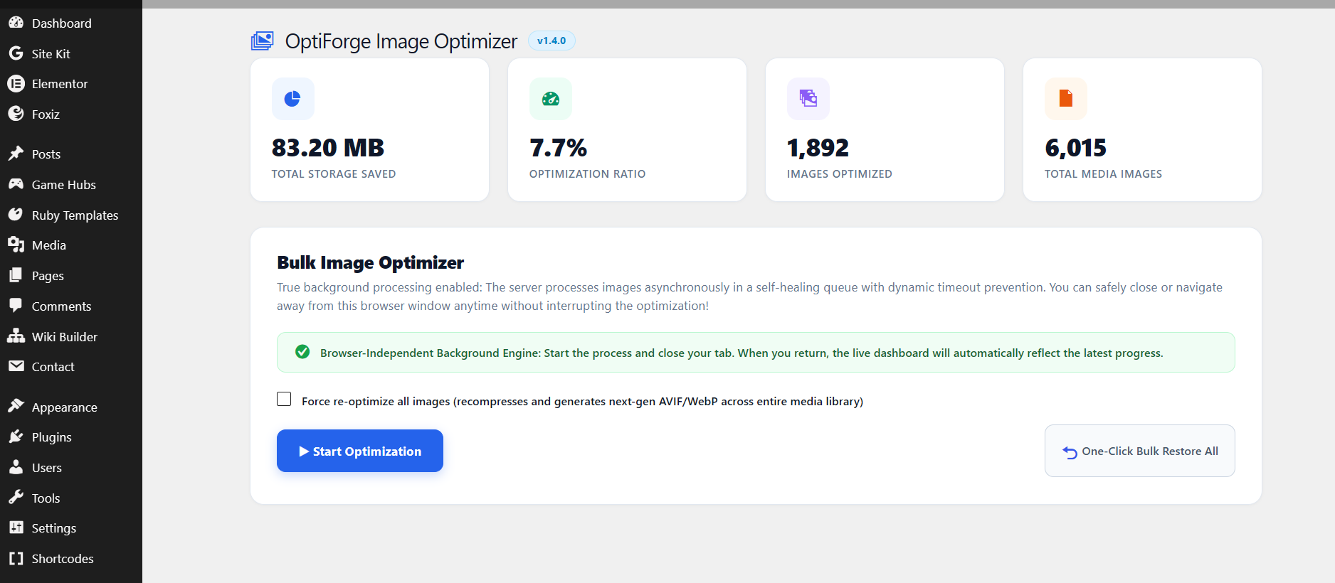 Dashboard Overview: Enterprise metric cards displaying total storage savings, optimization ratio, total media images, and real-time bulk optimization console.