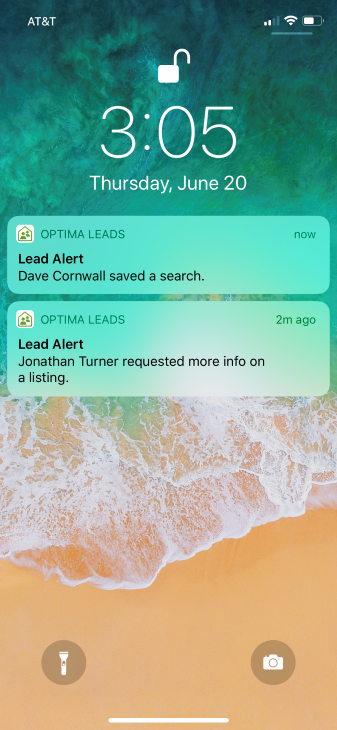 New lead alert notification from Optima Leads agent mobile app