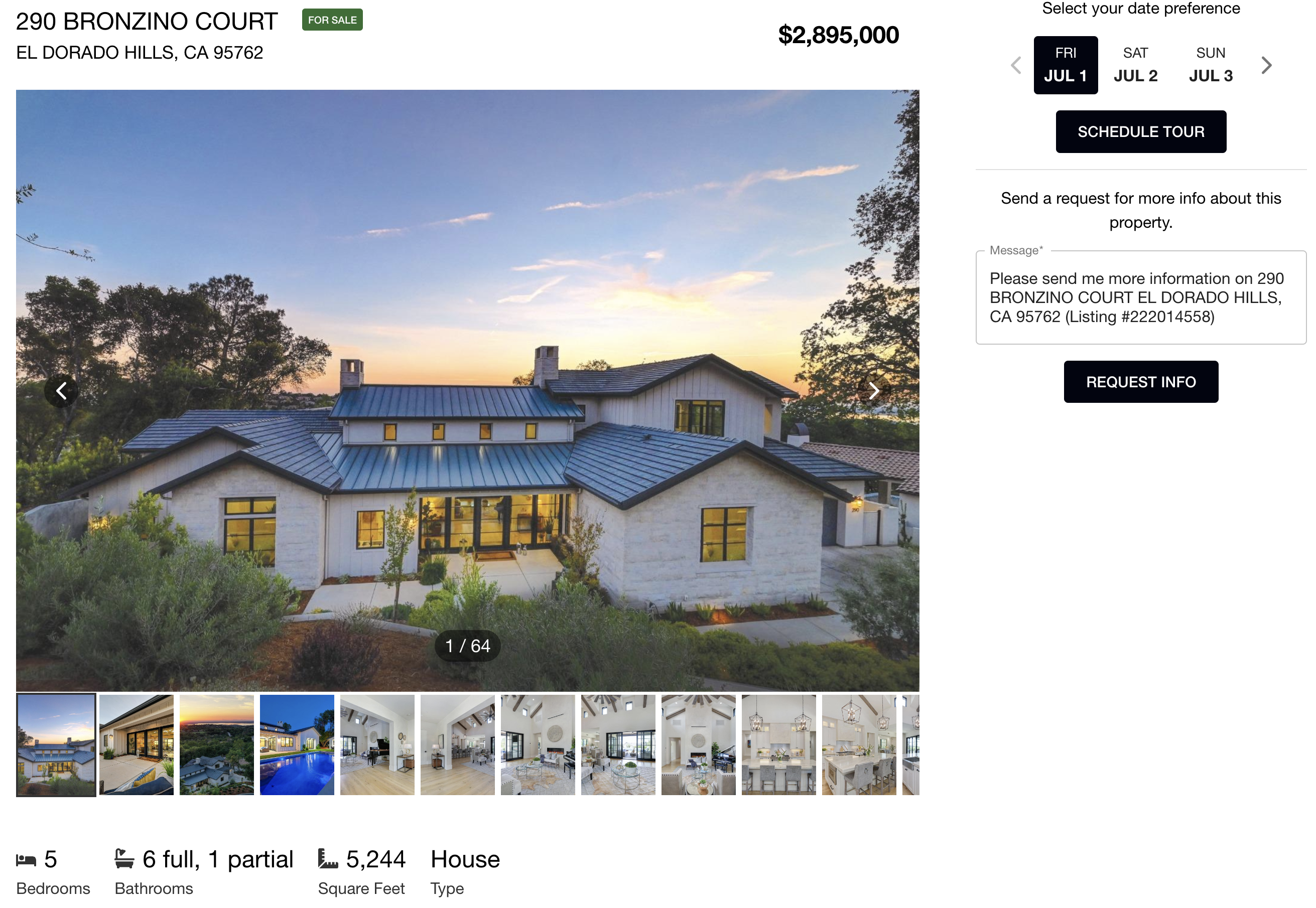 Property details page with photo carousel thumbnails enabled and SCHEDULE TOUR &amp; REQUEST INFO lead capture features enabled