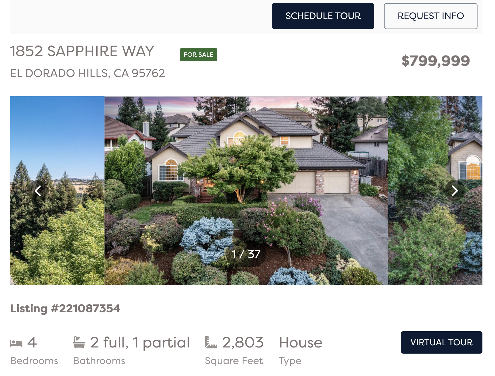 Property details page with photo carousel in Center Mode and SCHEDULE TOUR &amp; REQUEST INFO lead capture features enabled