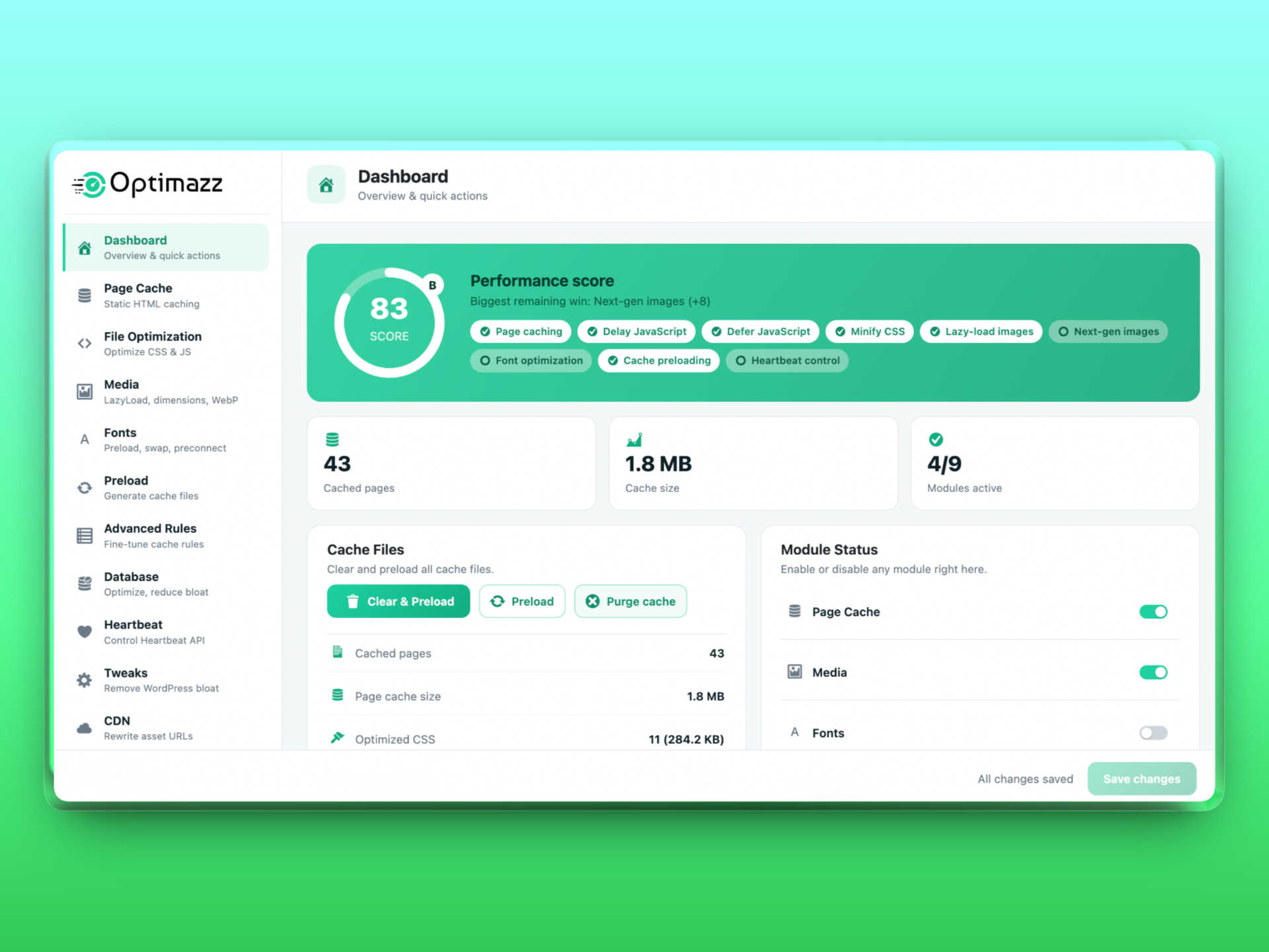 Dashboard — live performance score, cache statistics, quick actions, and per-module on/off switches.