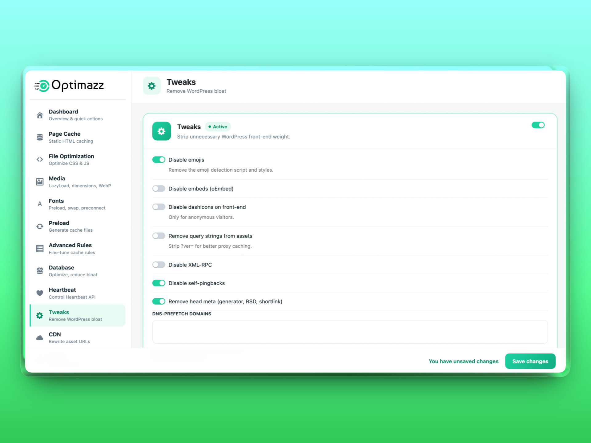 Tweaks — disable emojis, embeds, query strings, XML-RPC, and other front-end bloat.