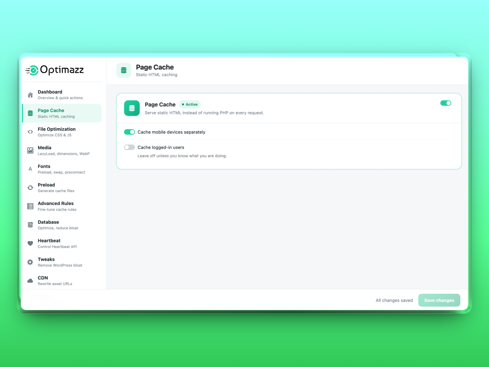 Page Cache — serve static HTML instead of running PHP, with separate mobile caching.