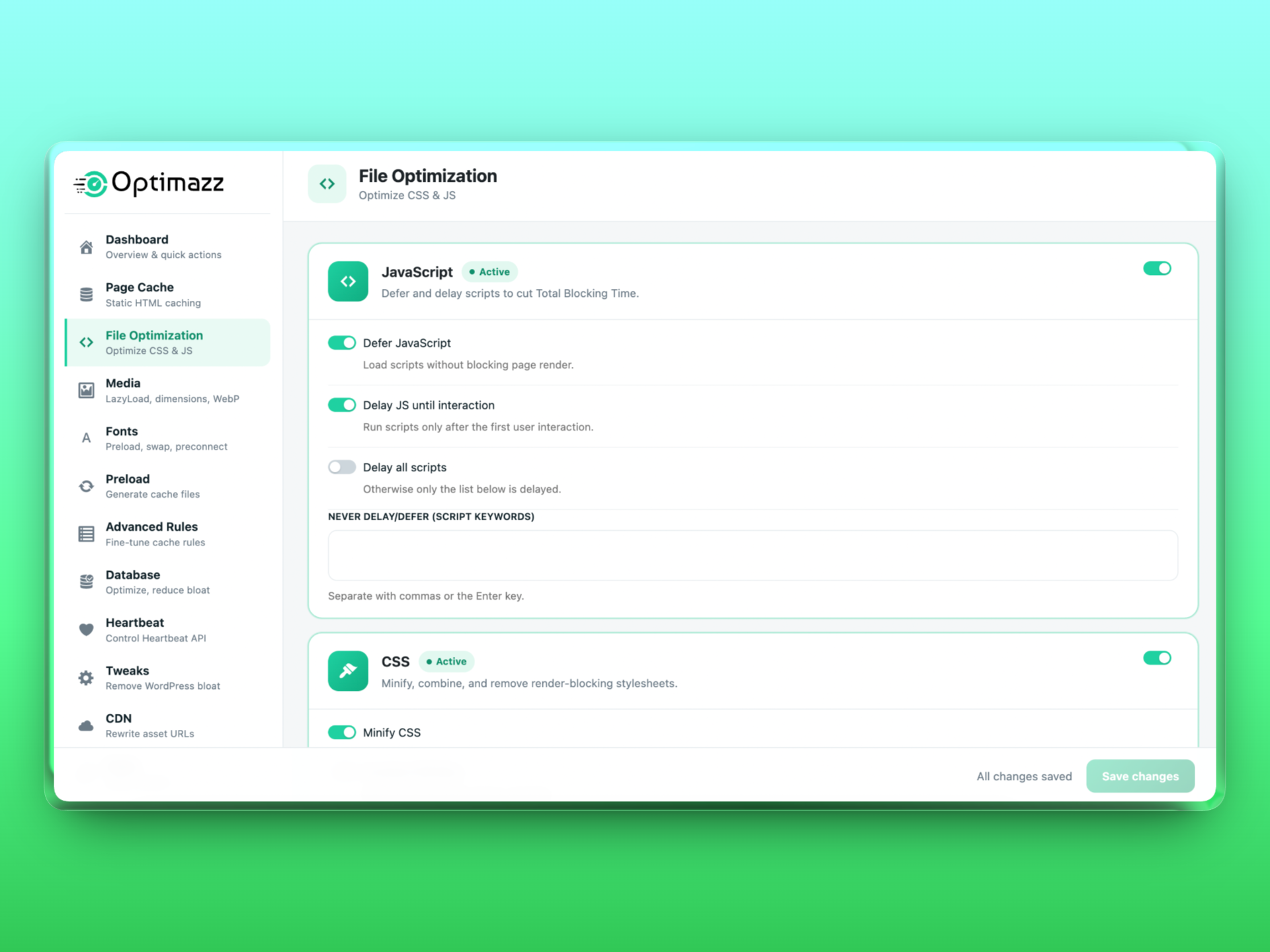 File Optimization — defer and delay JavaScript, and minify, combine and async-load CSS.