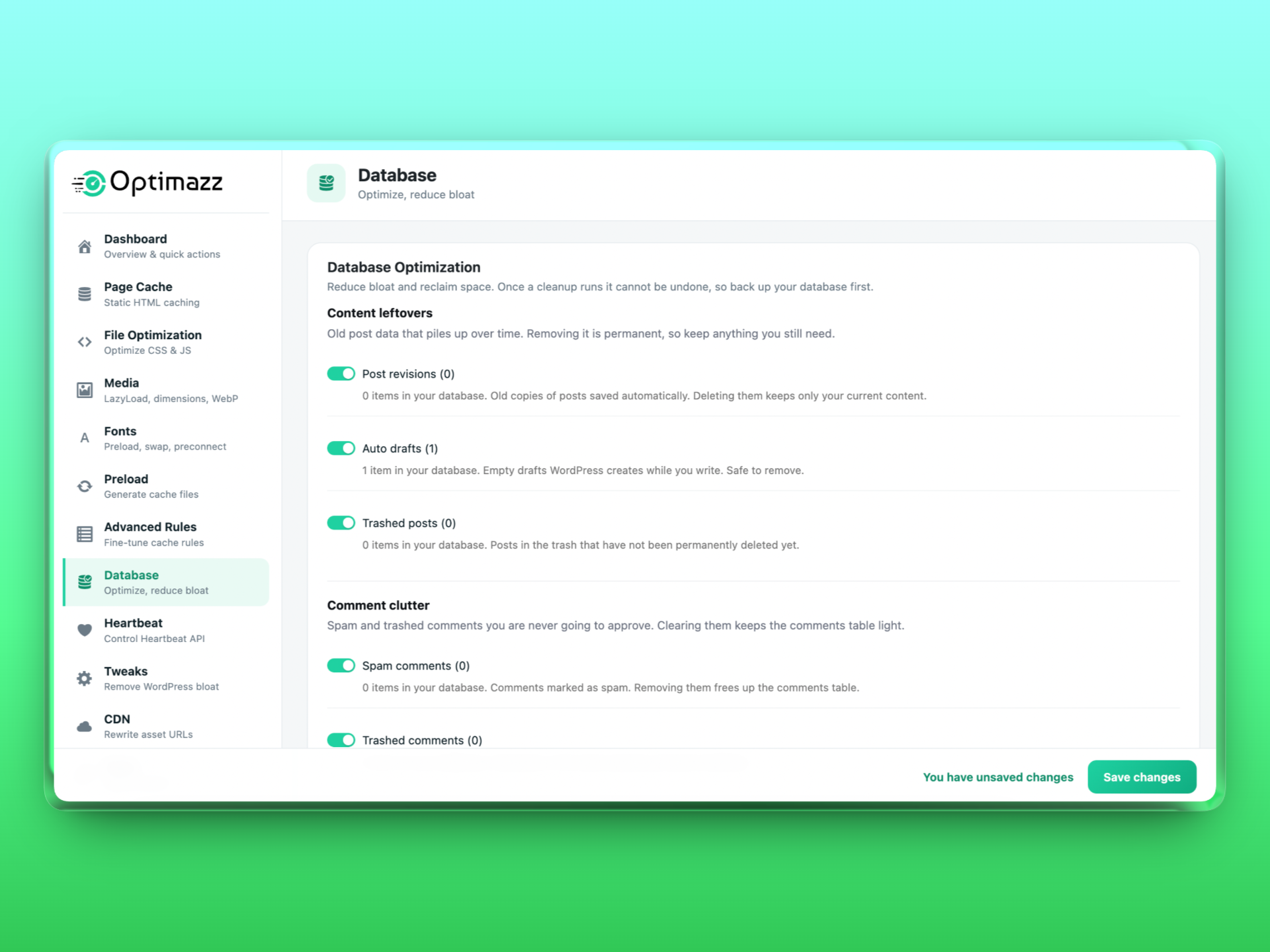 Database — clean revisions, drafts, spam, and transients, and optimize tables.