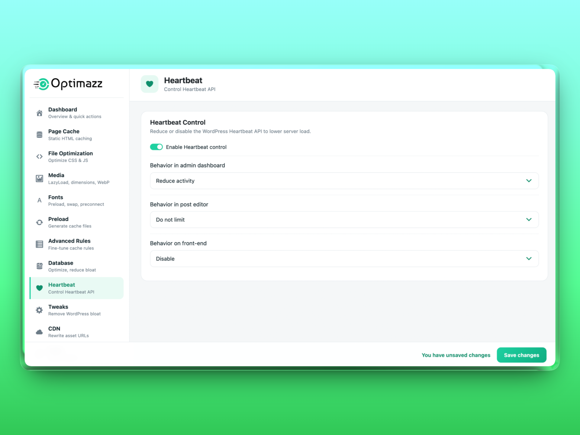Heartbeat — reduce or disable the WordPress Heartbeat API to lower server load.