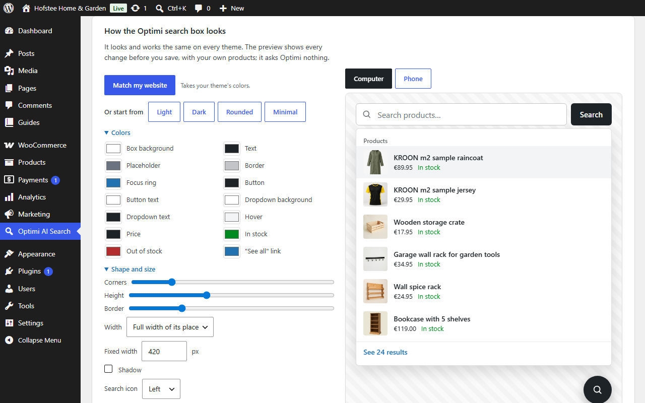 The search box designer. Colors, shape, and words, with a live preview.