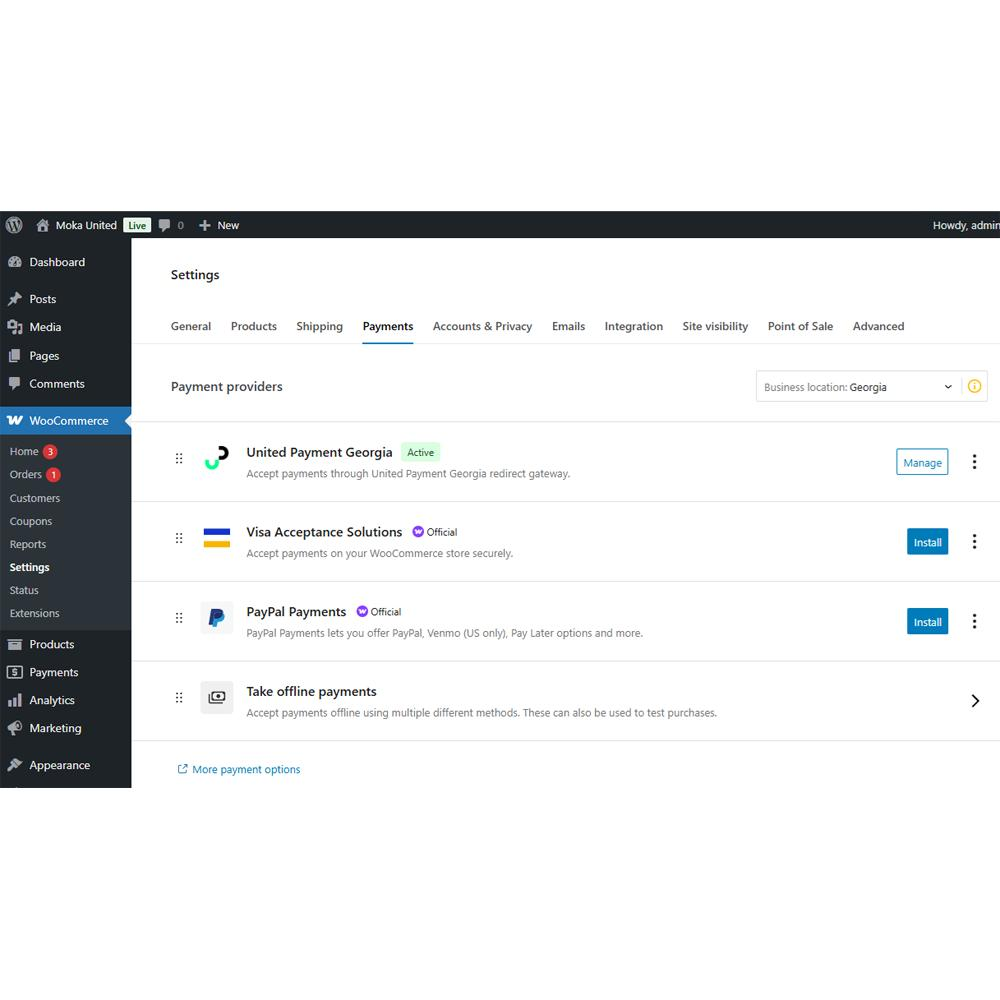 WooCommerce payments list with United Payment option