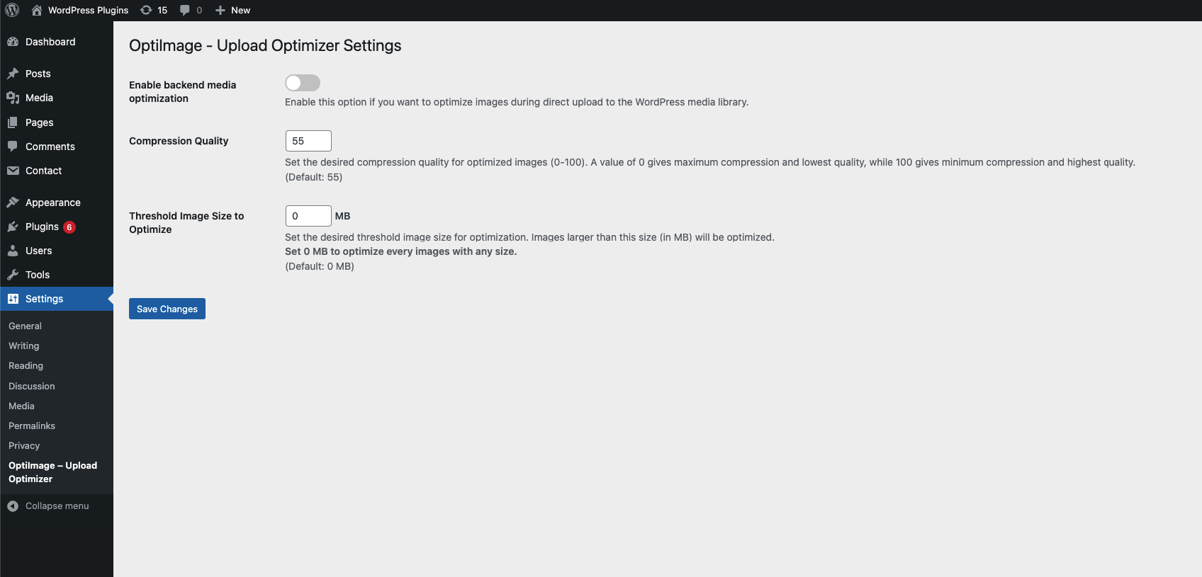 OptiImage Setting Page