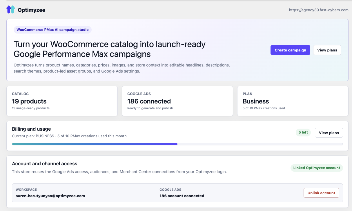 Dashboard — catalog, Google Ads connection and plan at a glance.