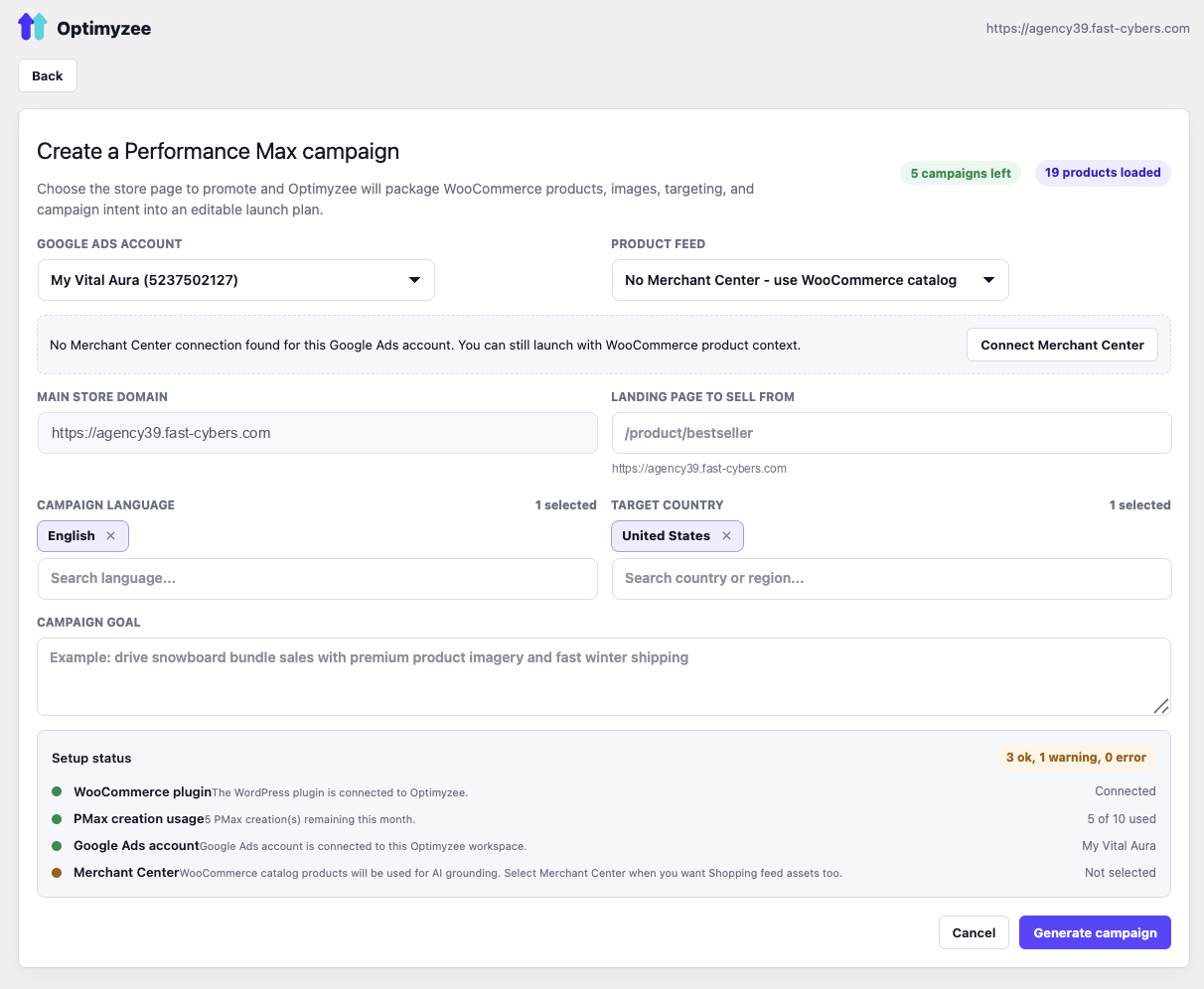 Create a Performance Max campaign from your WooCommerce catalog.