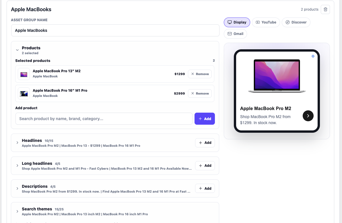 Editable asset groups with live Search, Display, YouTube, Discover and Gmail previews.