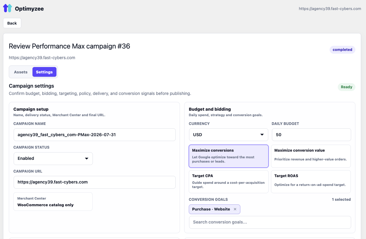 Campaign settings — budget, bidding and conversion goals before publishing.
