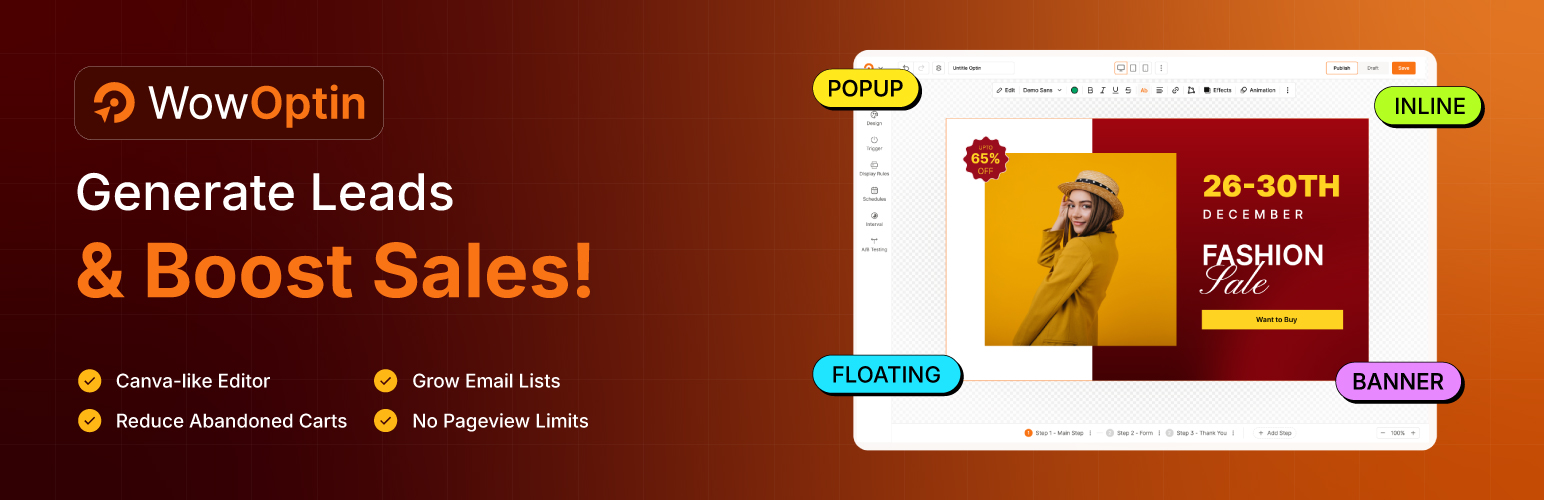 WordPress 外掛 WowOptin: Next-Gen Popup Maker – Create Stunning Popups and Optins for Lead Generation 的封面圖片。