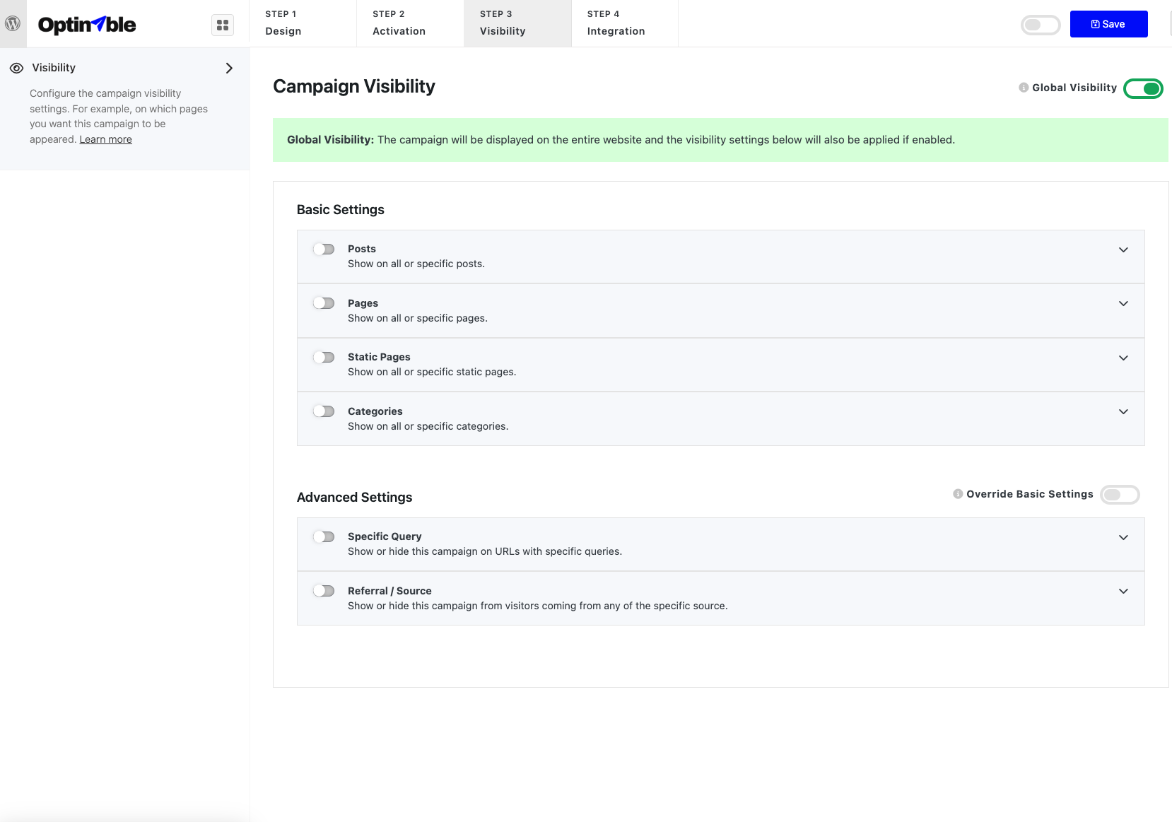 Customise the visibility settings.