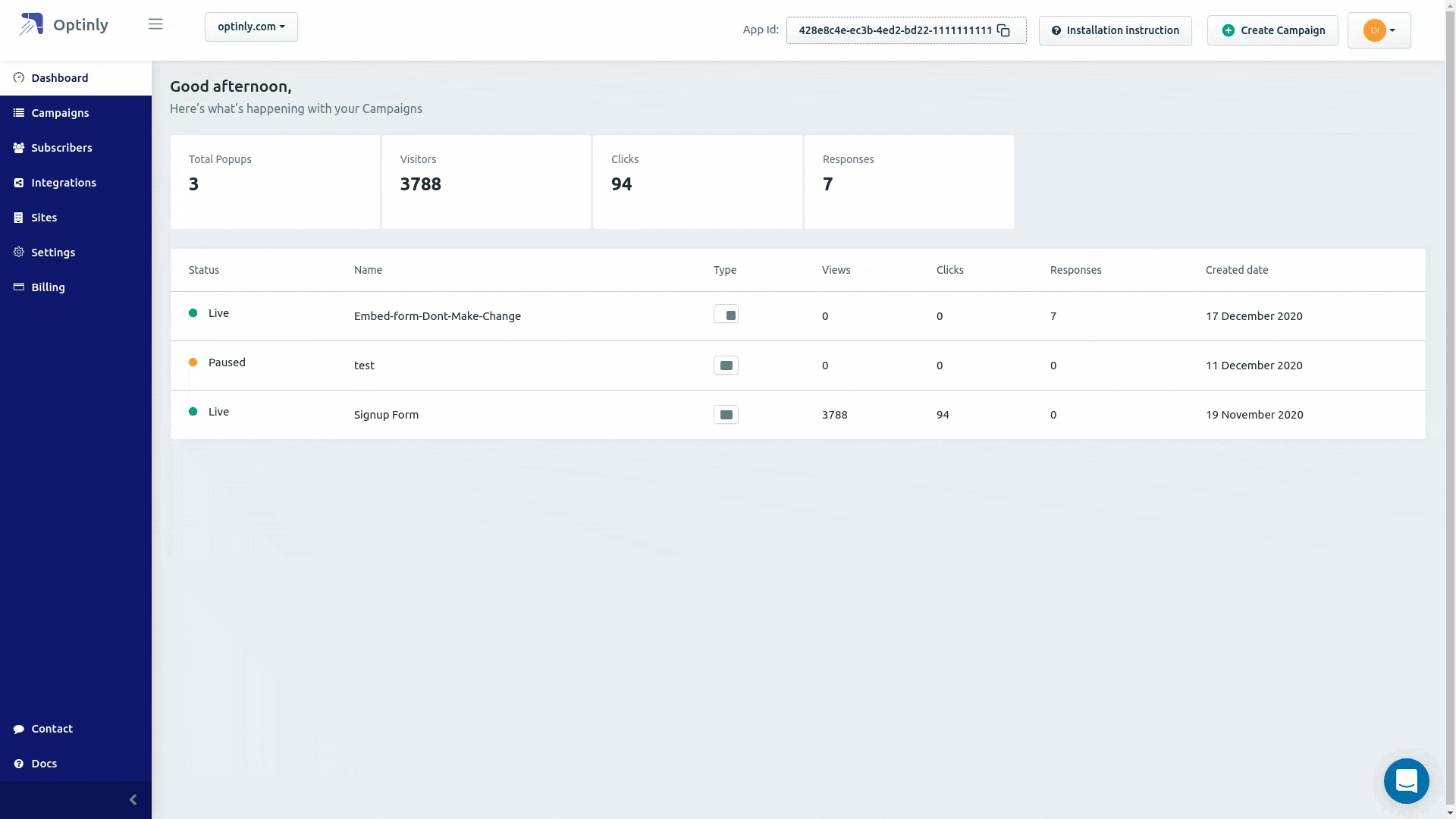 Anlaytics dashboard, Campaigns list, CSV format lead downloads, etc