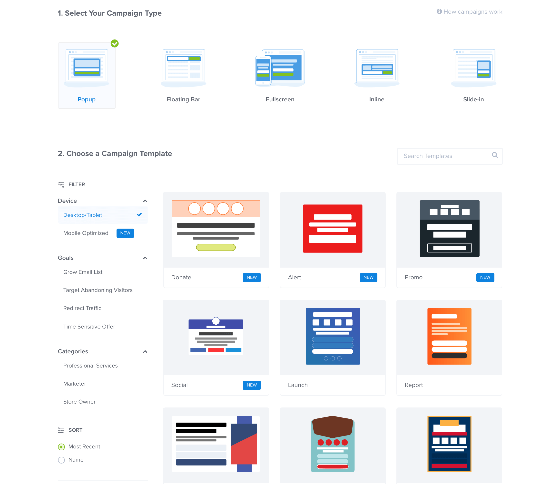 Selecione um tipo de campanha (pop-up, tela cheia, barra flutuante, deslizante, integrada ou gamificada)