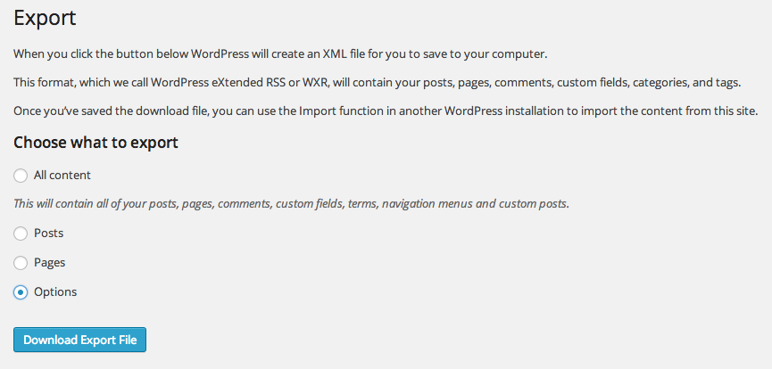 "Options" is seamlessly integrated as a choice when exporting.