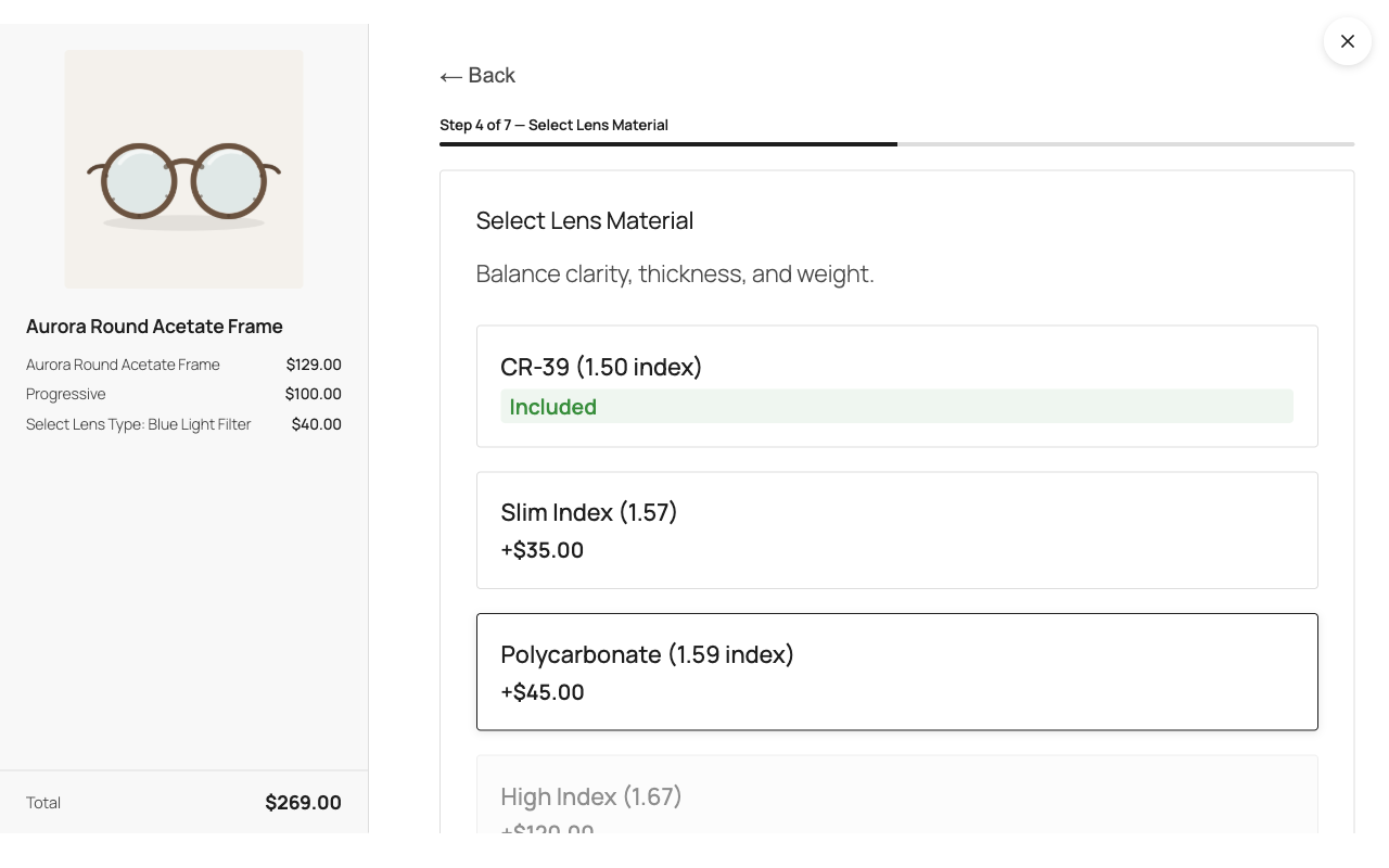 Lens builder on a product page.