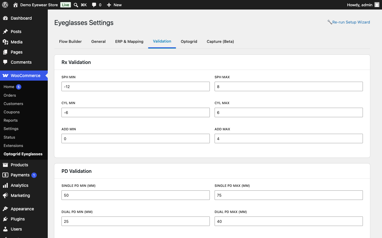 Settings page with Rx/PD configuration.