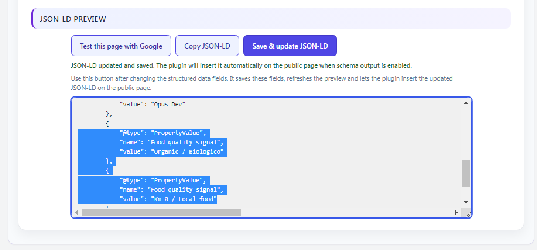 Product – save the fields, update the preview, and insert the JSON-LD.