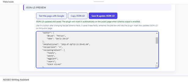 Recipe blog post – enter ingredients and cooking times, then update the JSON-LD code.