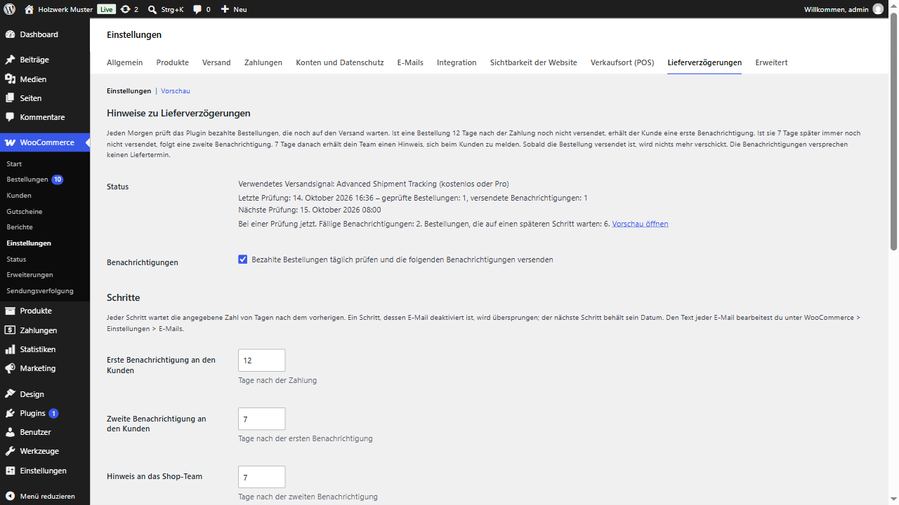 The settings tab: the rule in one sentence, the status of the daily check and the steps.