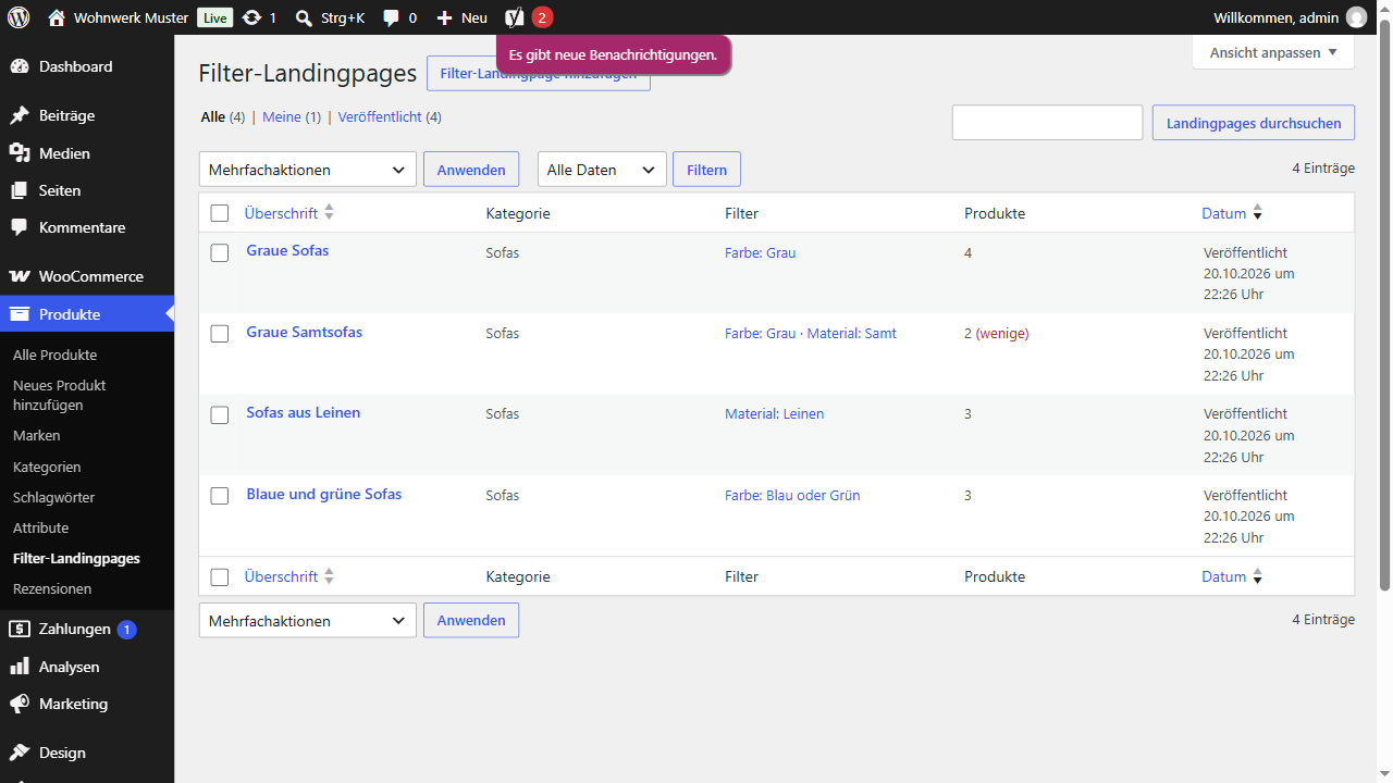 The landing pages under Products, with category, filters and product count.